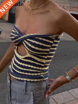 Zenaide 2022 Knitted Striped Twist Sleeveless Crop Top Summe