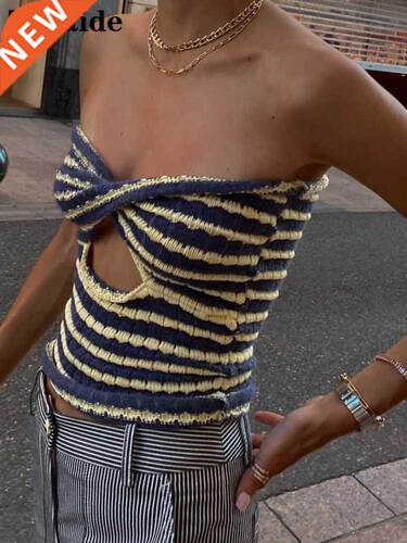 Zenaide 2022 Knitted Striped Twist Sleeveless Crop Top Summe