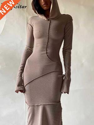Hugctar Long Sleeve Hooded Patchwork Sknny Max Dress 2021