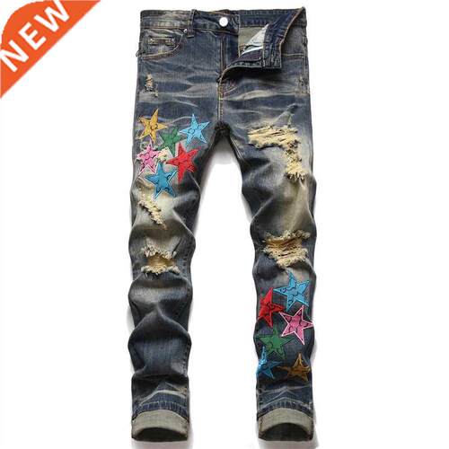 European Men Jeans Holes Embroied Pentagram rend Elastic