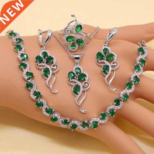 925 Sterling Silver Green Stones Cubic Zirconia Jewelry Sets