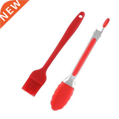 2pcs/1pcs Red Silicone BBQ Tongs Oil Brush Kitchen Tongs