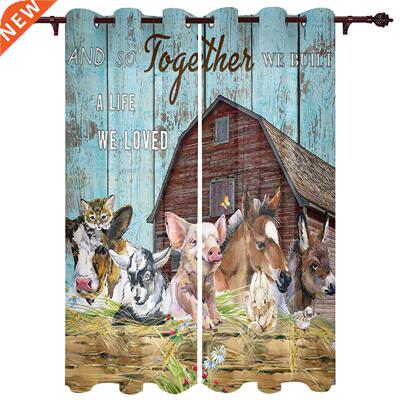 Farm Barn Cow Pig Vintage Wood Grain Window Curtains for