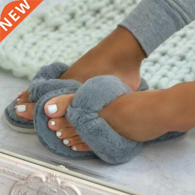 Warm Fluffy Slippers Women Cozy Faux Fur Cross Indoor Floor