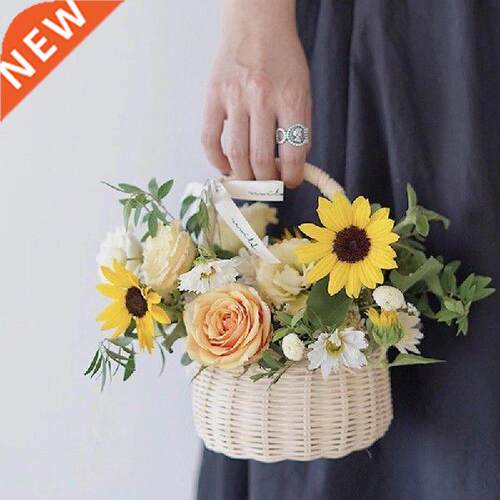Rattan Basket Woven Flower Basket With Handle Round