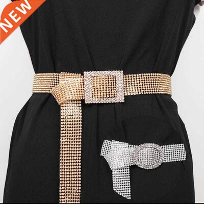 Shiny Rhinestone Waist Belt Gold Silver Buckle Patchwork Adj