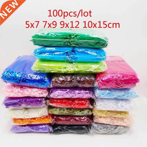 100pcs Organza Bag 5x7 7x9 9x12 10x15cm Jewelry Packaging Or