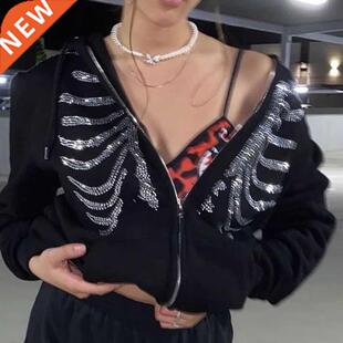 Zip Up Gothic Black Hoodies Y2K Rhinestone Streetwear Women