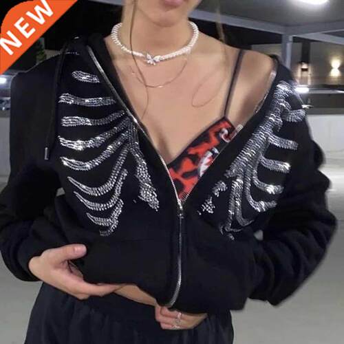 Zip Up Gothic Black Hoodies Y2K Rhinestone Streetwear Women