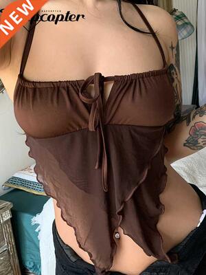 Rapcopter Brown Ruffles Crop Top Bow y2k Cute Mini Vest Back