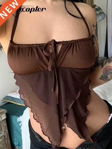 Rapcopter Brown Ruffles Crop Top Bow y2k Cute Mini Vest Back