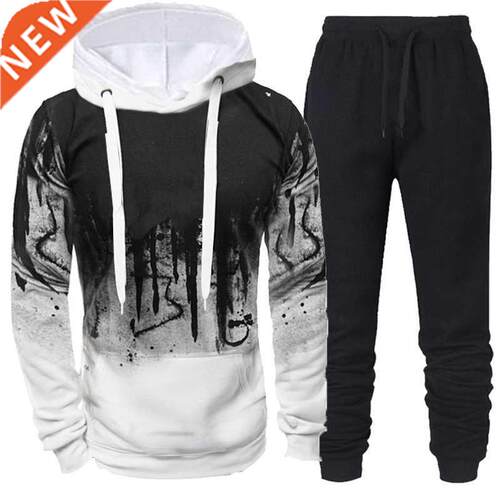 Autumn Winter Men's 2 Piece Set Warm Splash-Ink Print Casual