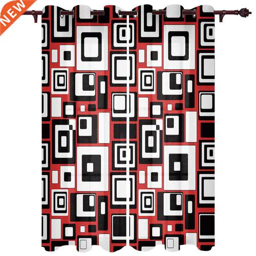 Geometric Rectangle Red Black Window Curtains for Bedroom
