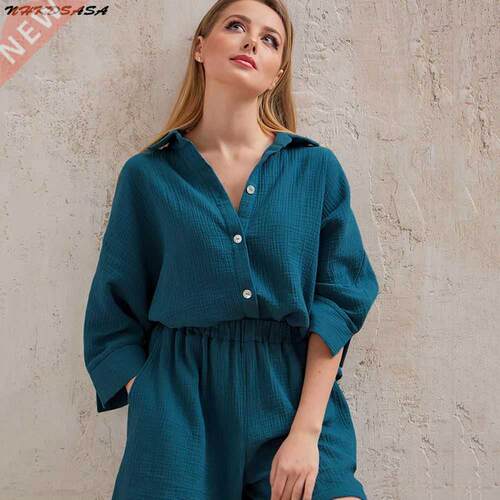 Cotton Pajamas For Women Sets Suit Casual Spwear Turn-Dow