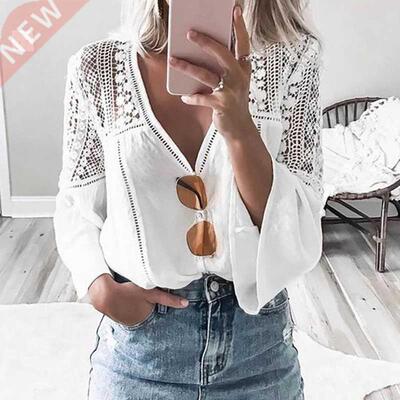 TEELYNN White lace blouses Women Top vintage V Neck Flare Sl