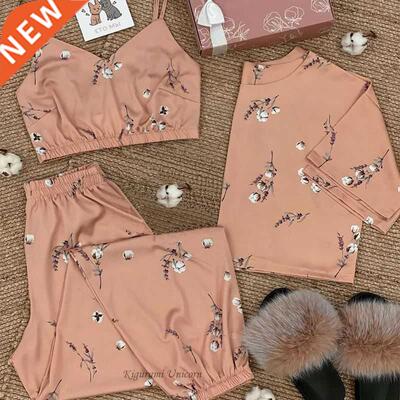 3 Pieces Soft Spring Summer Women Bra Pajamas Sets Cotton Fl