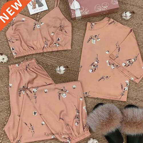 3 Pieces Soft Spring Summer Women Bra Pajamas Sets Cotton Fl
