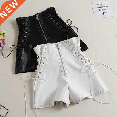 2018 Autumn Women PU Shorts Tie High Waist Shorts Female Cas