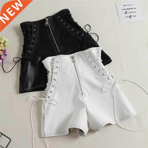 2018 Autumn Women PU Shorts Tie High Waist Shorts Female Cas