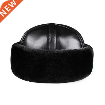 Thick Warm Winter Hat Men Women Black Faux Fur Real Leather