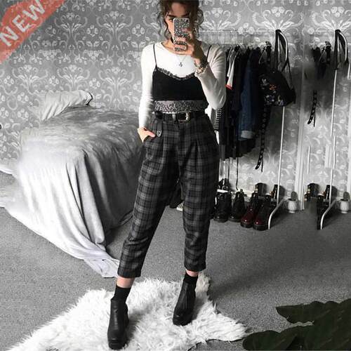Plaid Pants Women Sreetwear Cool Girl High Waist Trousers ha