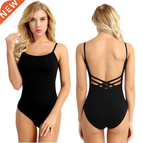 Women Spaghetti Straps Built-in Bra Sports Bodysuit Solid Co