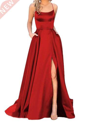 Women's Halter Satin Long Prom Dresses with Pockets