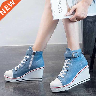 High Top Women Wedge Shoes Women's Denim Ankle Lace Up Ladi