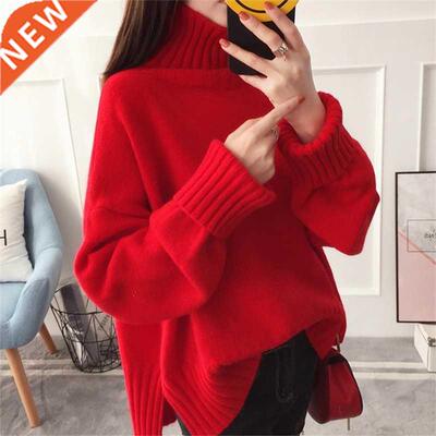 Thick High Collar Red Pink Beige Knitted Sweater Women Autum