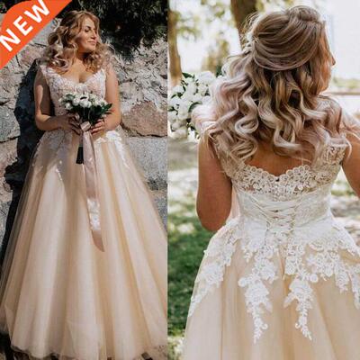 V-neck Lace Applique Cap Sleeve Long Elegant A-line Wedding