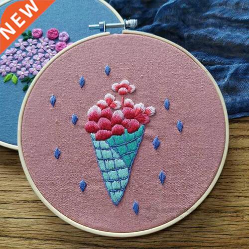 DIY Easy Flower Embroidery Kit with Bamboo Hoop for Beginner