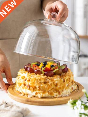 Cake Plate Glass Cover with Lid Wooden Display Tray Fruit
