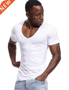 Deep V Neck T Shirt for Men Low Cut Vneck Wide Vee Tee Male