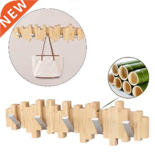 Bamboo Wall Coat Rack Coat Hooks 5 Metal Hooks Hats