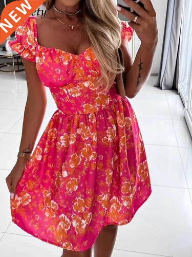 Women Elegant Pattern Print Party Dress Summer Fahion V-Ne