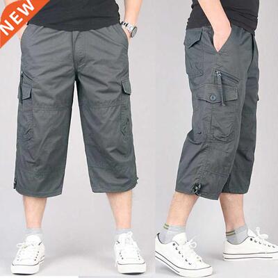 Summer Men's Casual Cotton Cargo Shorts Overalls Long Length