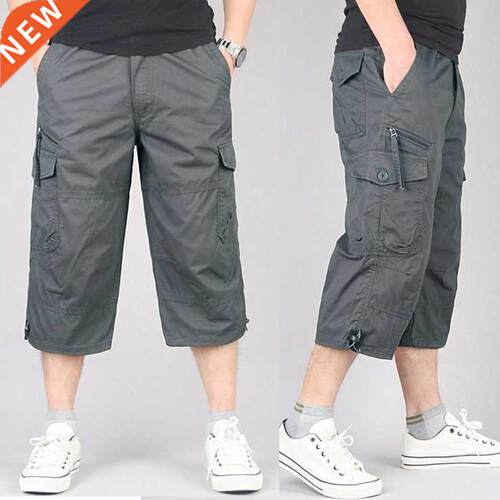 Summer Men's Casual Cotton Cargo Shorts Overalls Long Length
