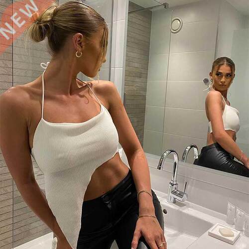 Female White Halter Crop Top Irregular Hem Backless Cami Y2K