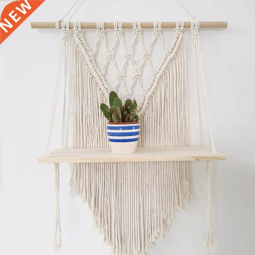 Bohemian Macrame Rack Wooden Shelf Hanging Plant Hanger