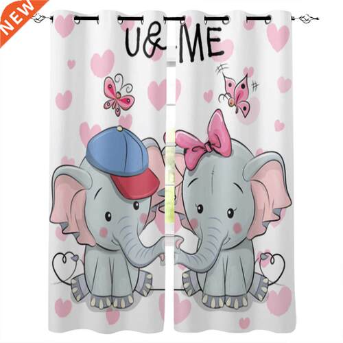 Cute Elephants on A Hearts Background Window Curtains for