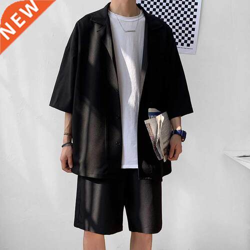 Korean Style Men's Set Suit Jacket and Shorts Solid Thin Sho