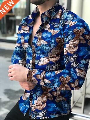Men's butterfly print shirt, tight shirt, men's long sleeve