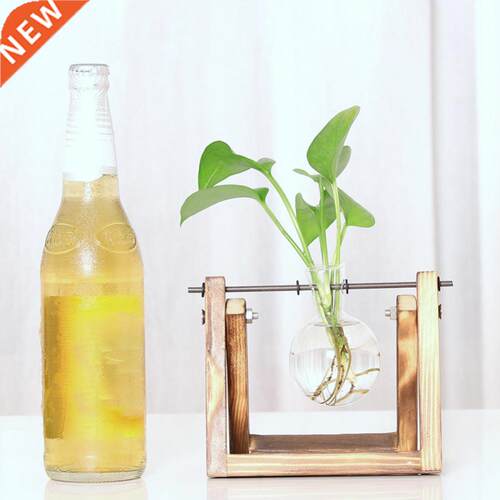 Glass Vase Clear Retro Wood Stand Planter Desktop Bulb