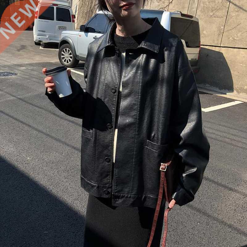 Winter Black Leather Jacket Women Korean Thin Loose Moto Jac