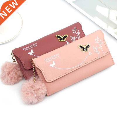 Fashionable New Women Long Wallets Pure Color Wool Ball Bow
