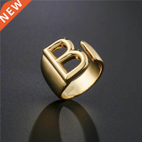 Hollow A-Z Letter Gold Color Metal Adjustable Opening Ring I