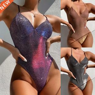 Shiny swimsuit sense piece women neck one