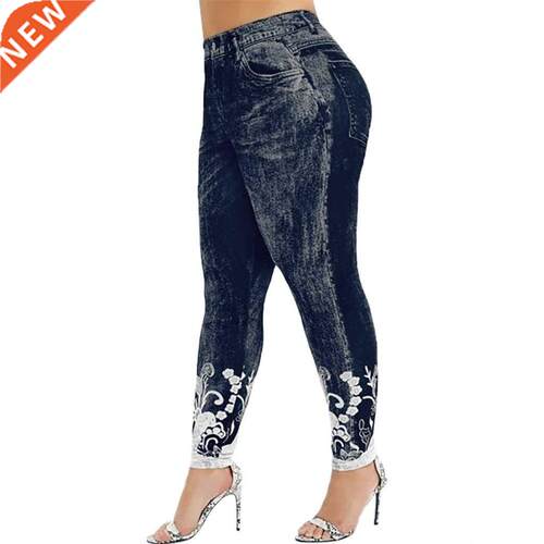 Womens Leggings Imitation Jeans Floral Printing Elastic Wais