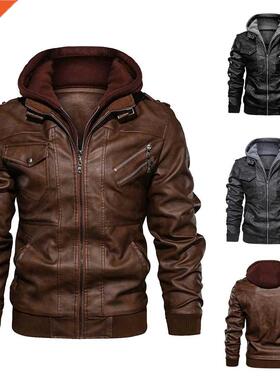 Male Leather Jacket Men Motorcycle Detachable Hooded Faux Le