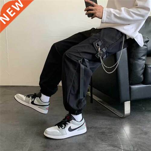 Men's Side Pockets Cargo Harem Pants 2022 New Ribbons Black